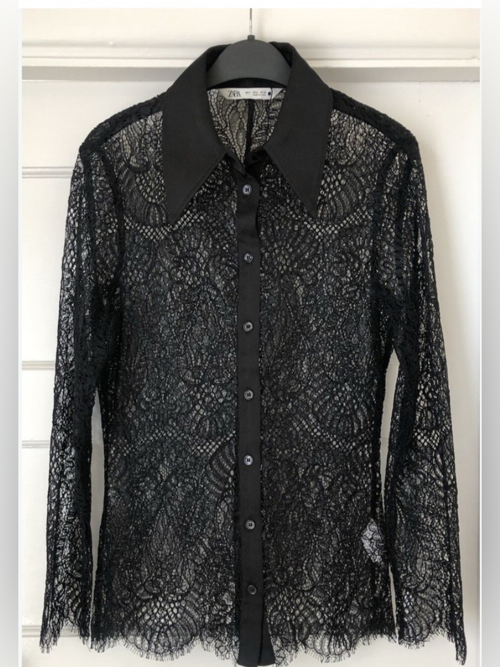 Zara Black Sheer Lace Button-Down Shirt Sz Large